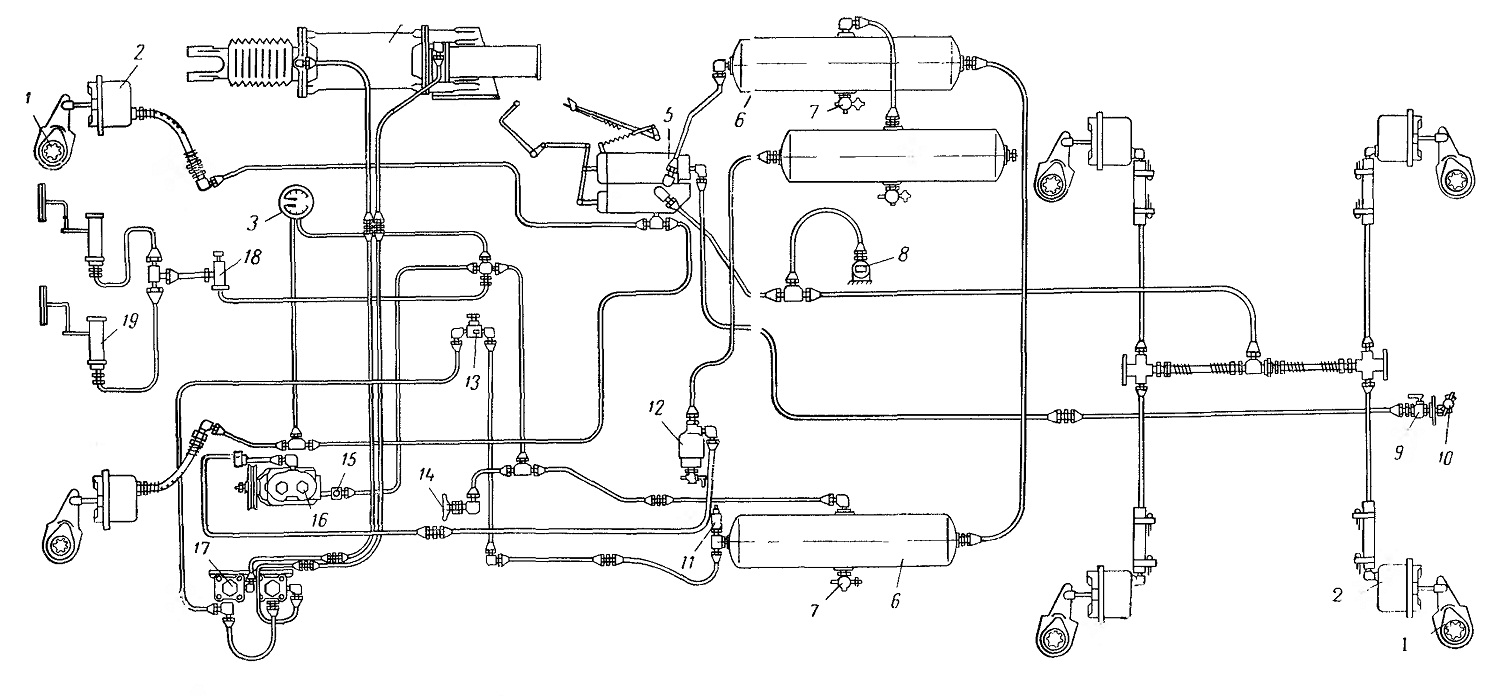 Схема подключения ручника камаз. Воздушная система КРАЗ 260. Схема тормозов на КРАЗ-260. Схема тормозов КРАЗ 258. КРАЗ 260 схема воздуха.
