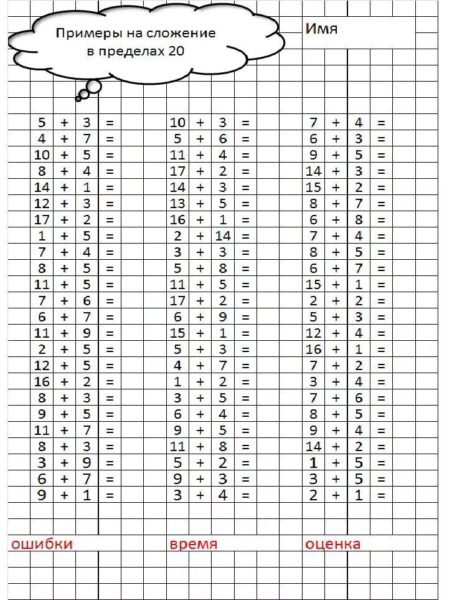 Примеры до 20 на сложение и вычитание