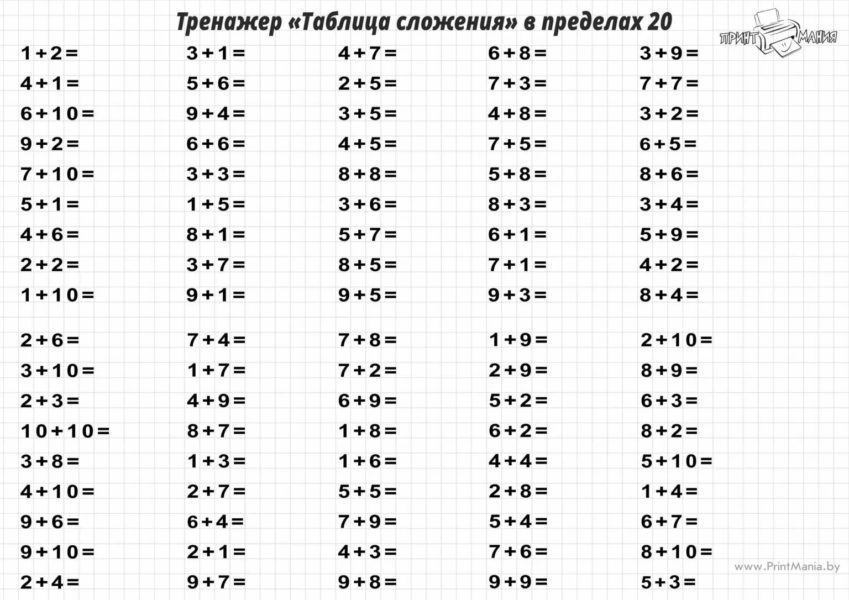 Примеры до 20 на сложение и вычитание